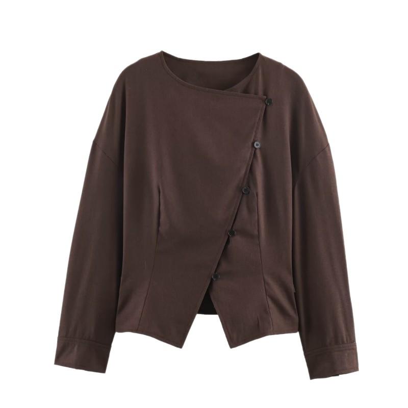 Womens Solid Color Long Sleeve Round Neck Button Front Cardigan With Side Slit Casual Street Style Outerwear