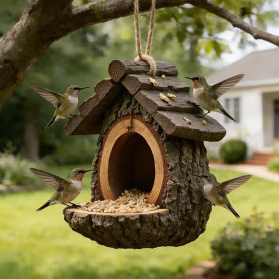 Подвесная кормушка для птиц в виде хижины, смола, форма домика на дереве, кормушка для птиц, всепогодный уличный домик для птиц с подносом для семян для декора сада и патио
