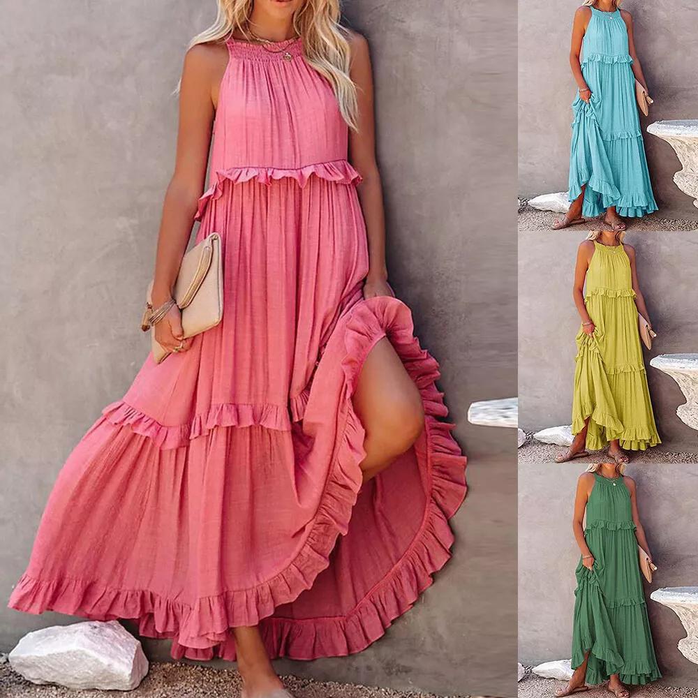 Женское длинное платье макси в стиле бохо с рюшами, летний праздничный пляжный сарафан без рукавов