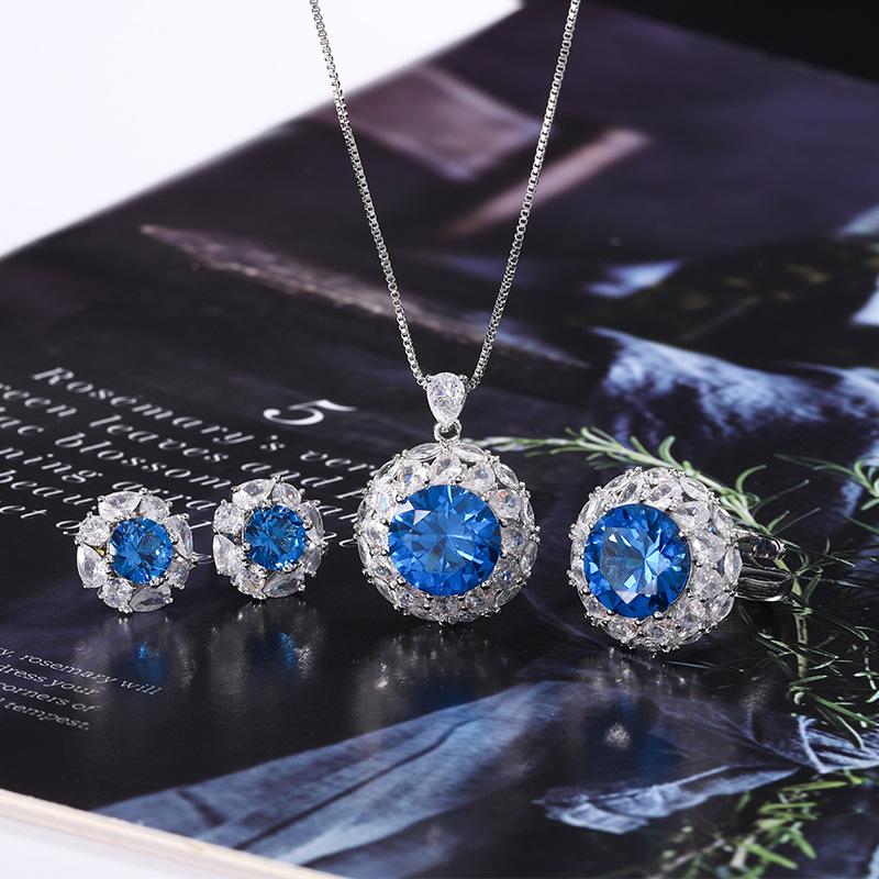 Jewelry Copper Bottom Gold-Plated Simulation Blue Spinel Round Temperament Light Luxury Suit Women 12-7Mm