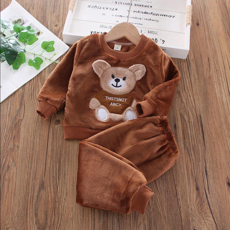 Children's Autumn and Winter Pajamas with Cartoon Bear Flannel Set of Home Clothes