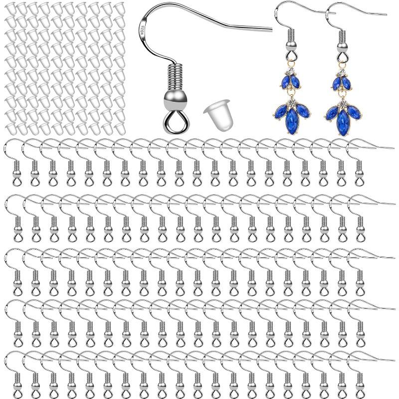 300 PCS 925 Sterling Silver Earring Hooks With Clear Rubber Earring Safety Backs Fish Hook Ear Jewelry Findings Earring Parts DIY Making