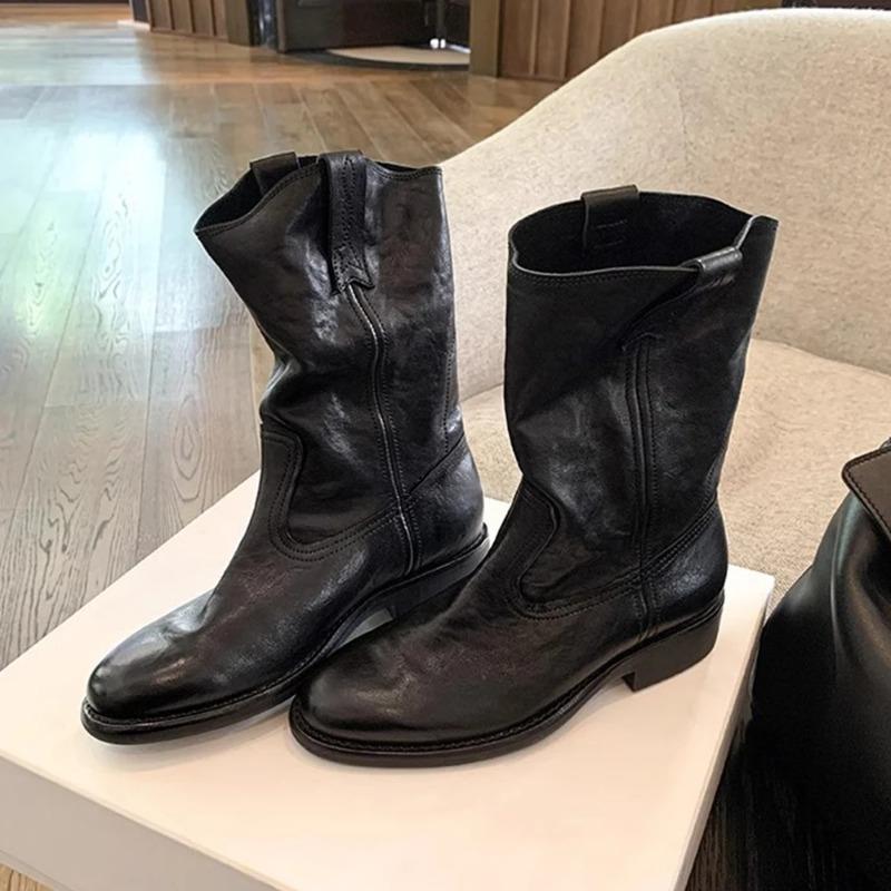 Модные женские ковбойские сапоги до середины икры, западные короткие вышитые сапоги с круглым носком на низком каблуке, слипоны, комфортные, для платья, присборенные ботильоны