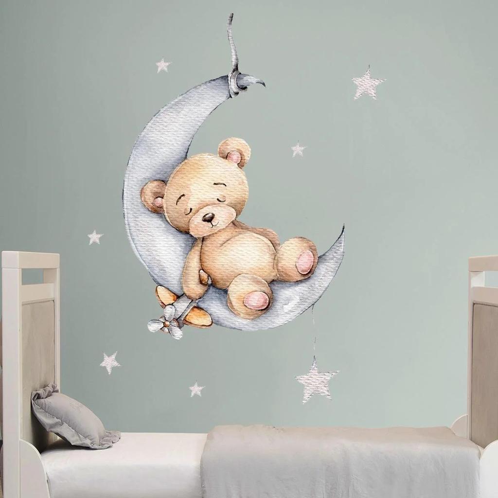 Настенные украшения НОВЫЕ мультяшные медведи, спящие на луне и звездах, настенные наклейки для детей, инструменты для украшения интерьера детской комнаты