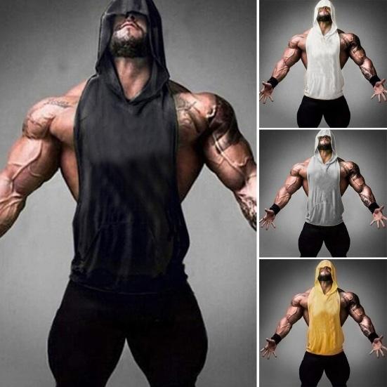 Мужской спортивный жилет без рукавов с капюшоном, однотонный, свободный, с глубокими подмышками, с большим накладным карманом, тренировочная майка для бега, бега