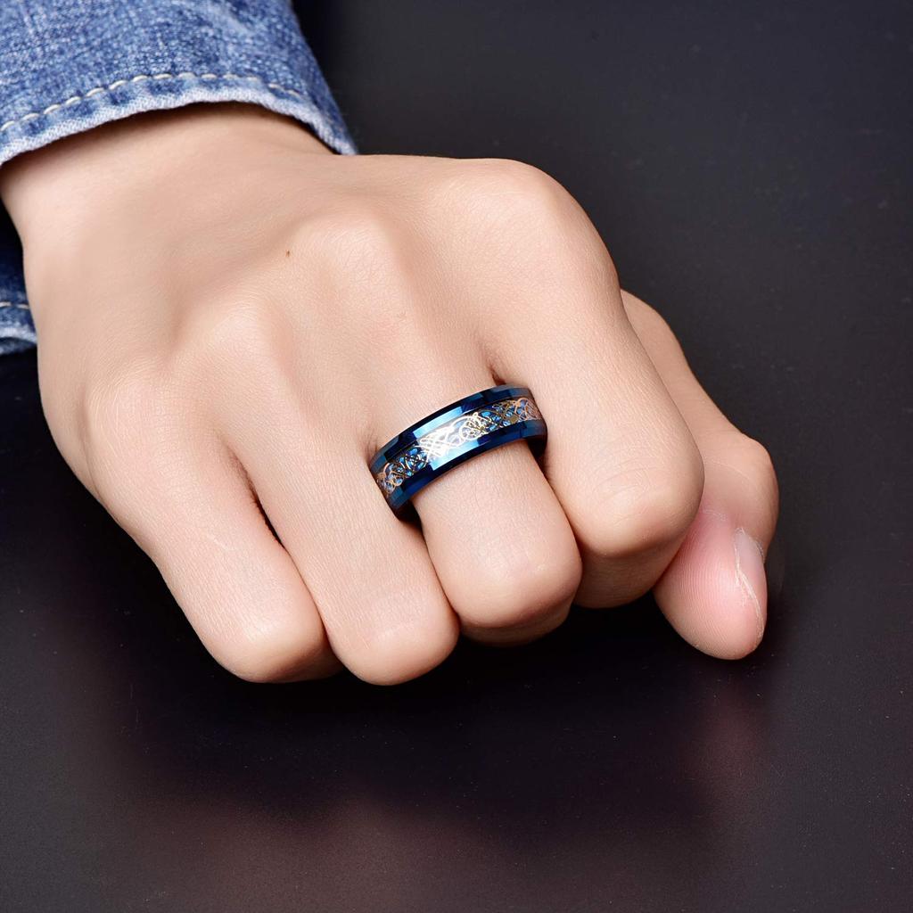 Fashion Men Gold Color Titanium Steel Celtic Dragon Rings Inlay Blue Carbon Fiber Rings For Men Wedding Jewelry Drop Shipping