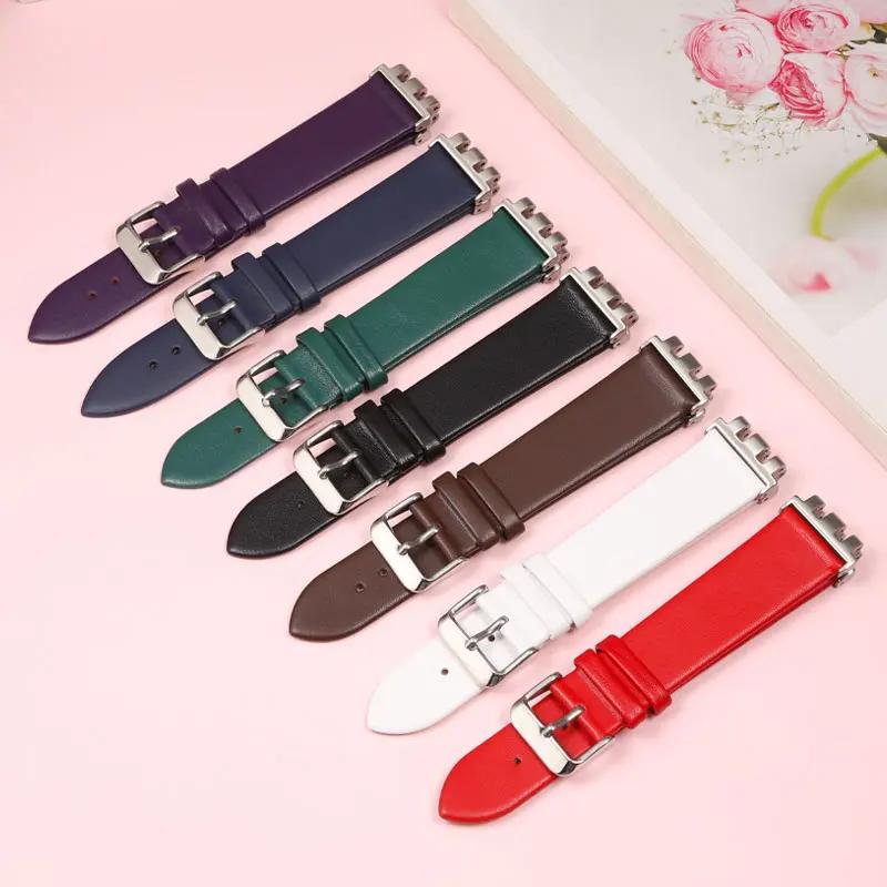 17/19/21 мм тонкий ремешок для часов из натуральной кожи Для Swatch YGS YCS Yas YVB404 YVS420 YVS454 ремешок Красный Белый Синий Мужской женский ремешок