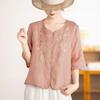 Летняя новая женская рубашка с вышивкой и рукавом три четверти, универсальная однотонная для женщин среднего возраста