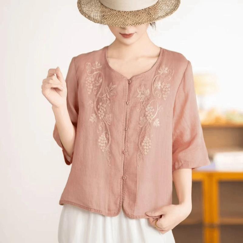 Summer New Five Quarter Sleeve Embroidered Women's Versatile Solid Color Shirt for Middle-aged