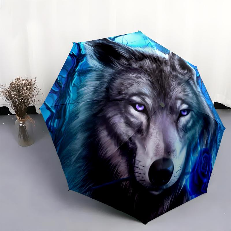 1 шт. Автоматический складной зонт - Красивый узор с волком, Портативный и складной дизайн с 8 спицами, Рождественские и новогодние подарки