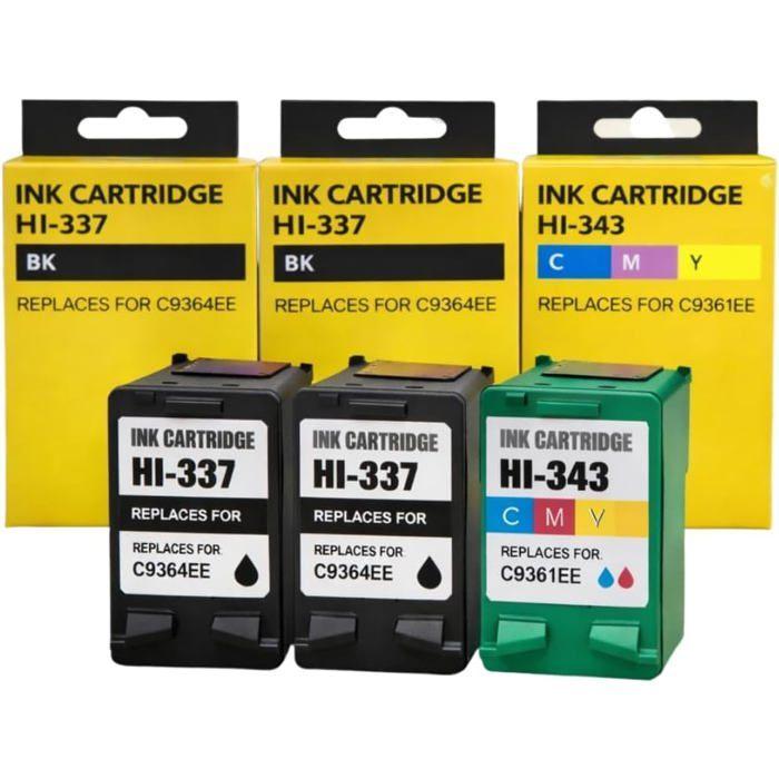 Pack 3 cartouches compatibles HP 337/343 - 2x Noir + 1x Couleur, pour DeskJet/OfficeJet/PhotoSmart/PSC