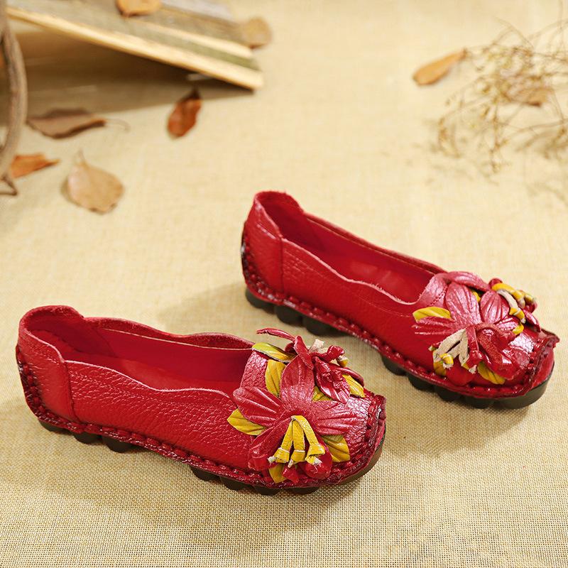 2024 новые туфли на плоской подошве из натуральной кожи, женские мокасины из натуральной кожи, сшитые вручную, гибкие женские туфли с круглым носком и принтом весенних цветов