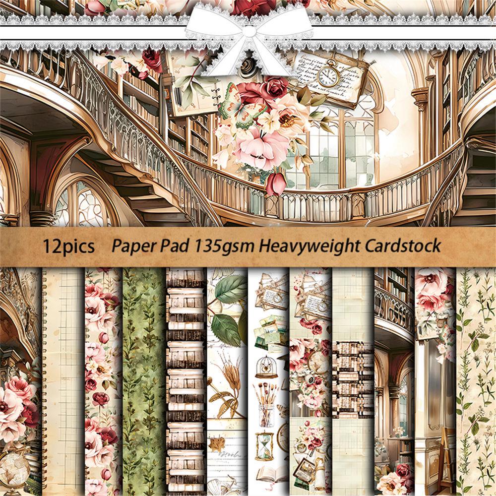 12 Sheets Retro Base Material Academic Background Paper for Journaling - European & American Collage Stickers