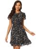 Allegra K Ruffle Dress, Frill Sleeve, Self-Tie, V-Neck, Above Knee Chiffon, A-Line, Floral Print, Women's, Black, Size 3XL