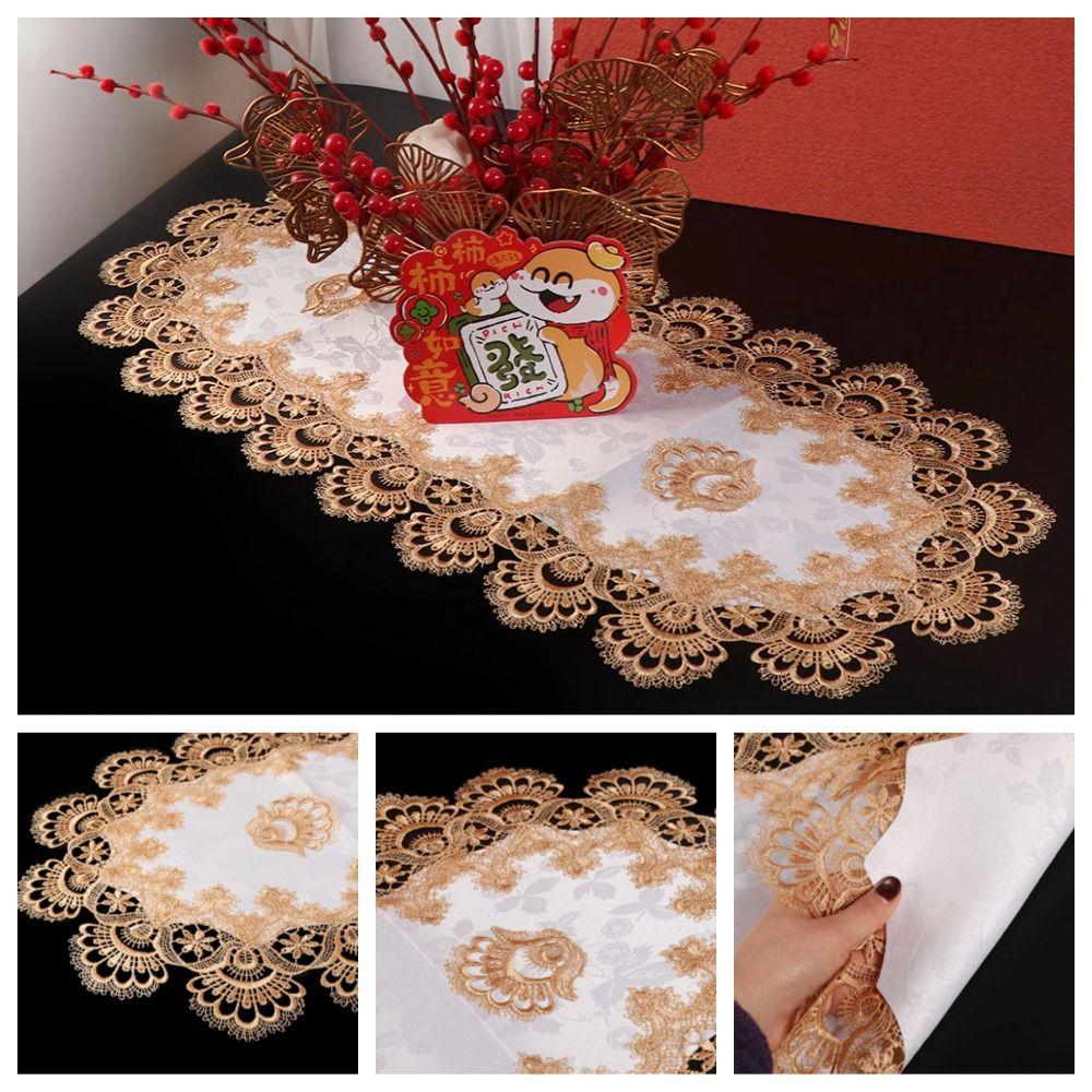 Flower Embroidery Oval Lace Tablecloth Dacron Coffee Table Placemat Wedding