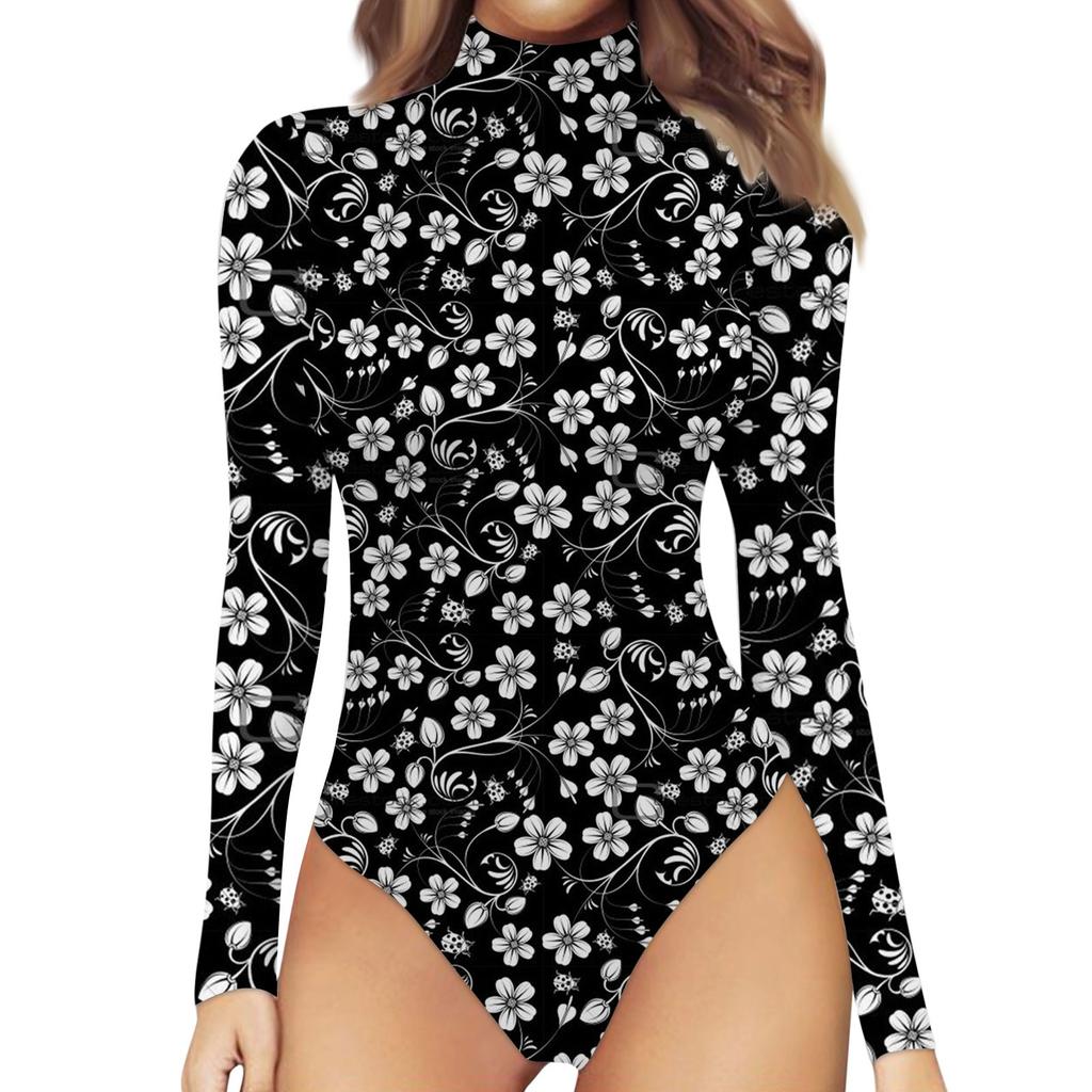Women's Spring And Autumn One-piece T-shirt Slim Long Sleeve Half High Neck Vintage Printed Bodysuit Tops