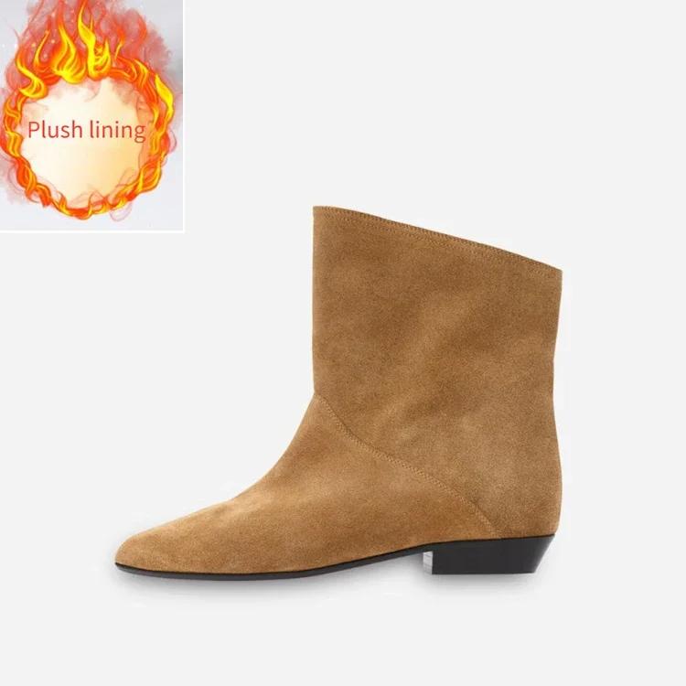 Мода Новая Мода Черные Ленивые Плиссированные Ботильоны из Коровьей Замши Осень Зима Круглый Носок Низкий Каблук Короткий Плюш Теплые Женские Ботинки Размер 34-43