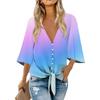 Женский модный повседневный топ с v-образным вырезом и градиентным принтом, рукавами 3/4 и завязками на пуговицах
