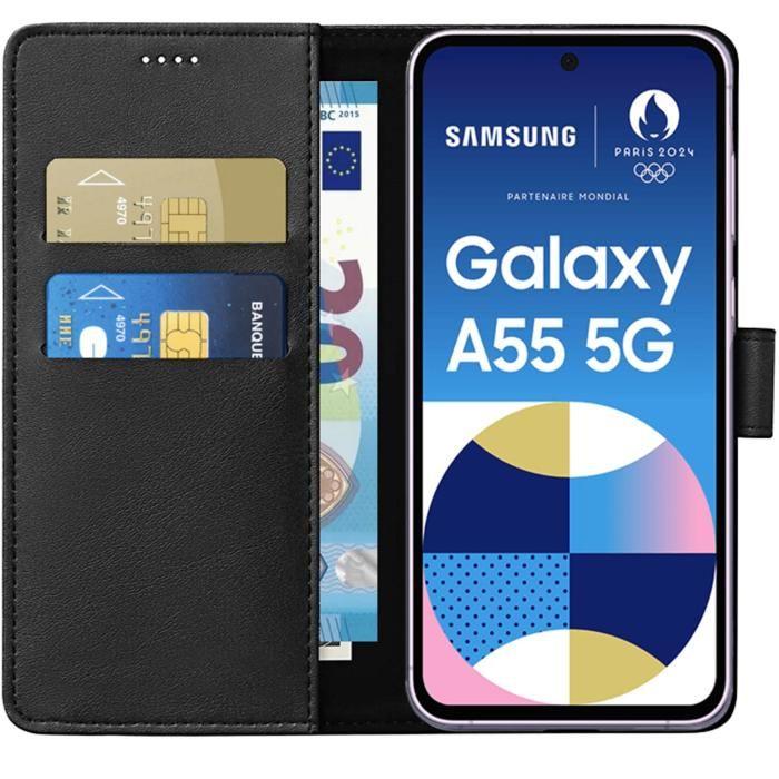 Coque Noir pour Samsung Galaxy A55 5G - Portefeuille Rabat Clapet Aimanté Rangement Cartes Phonillico®