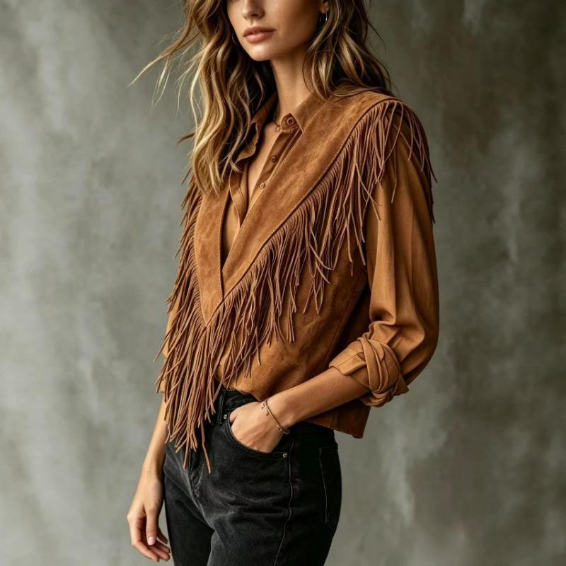 Women Vintage Suede Fringe V Neck Sleeveless Casual Vest