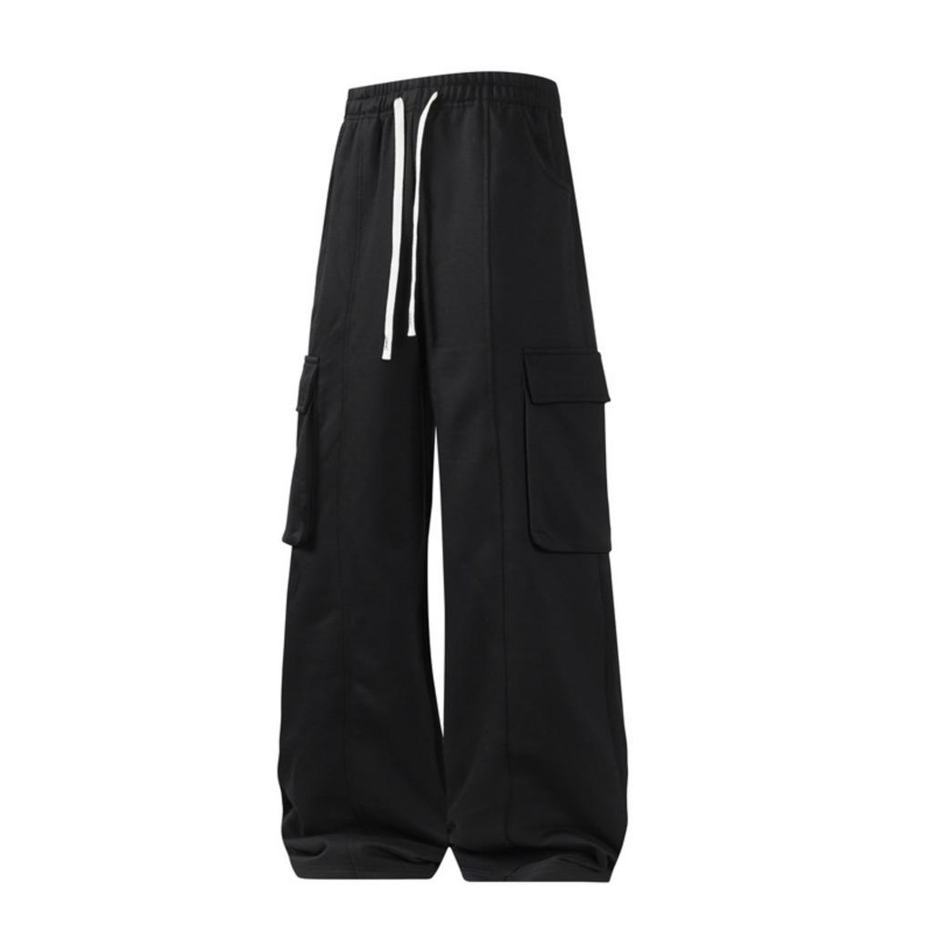 Men's And Women's Casual Solid Color Drawstring Trousers, Men's Loose Sporty Multi-pocket Straight-leg Work Pants