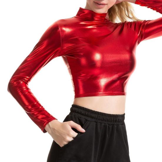 Женский клубный топ с высоким воротником и глянцевой поверхностью, однотонный пуловер с открытой талией, мягкий дышащий женский укороченный топ для танцев на пилоне для вечеринок