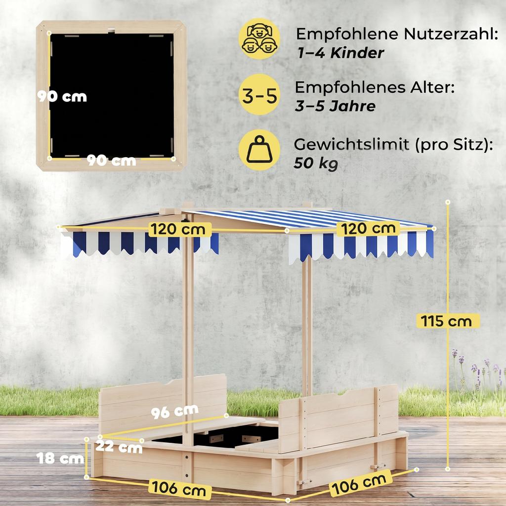 Sandbox for Children 106x106 cm Height-Adjustable Cover Blue
