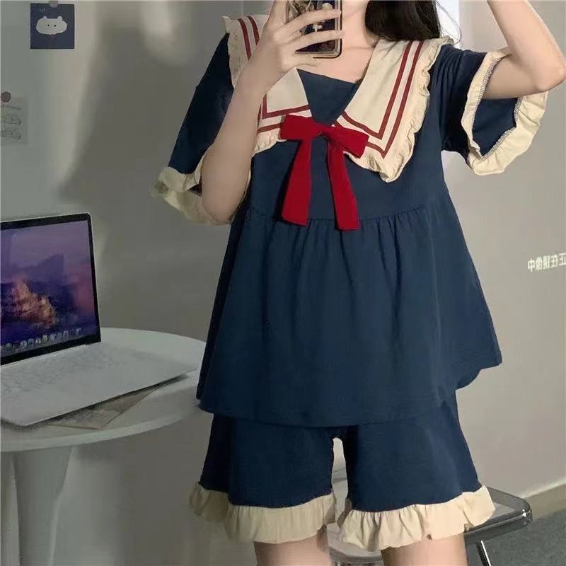 Summer New Princess Navy Style Pajamas Homewear Set for Girls Short-Sleeved Princess Sweet Cute Students Cartoon Ladies Homewear