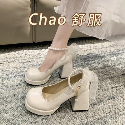 Туфли Мэри Джейн женские весна 2025 новые модные универсальные туфли в иностранном стиле с жемчугом на высоком каблуке с круглым носком в стиле ретро милые одинарные туфли