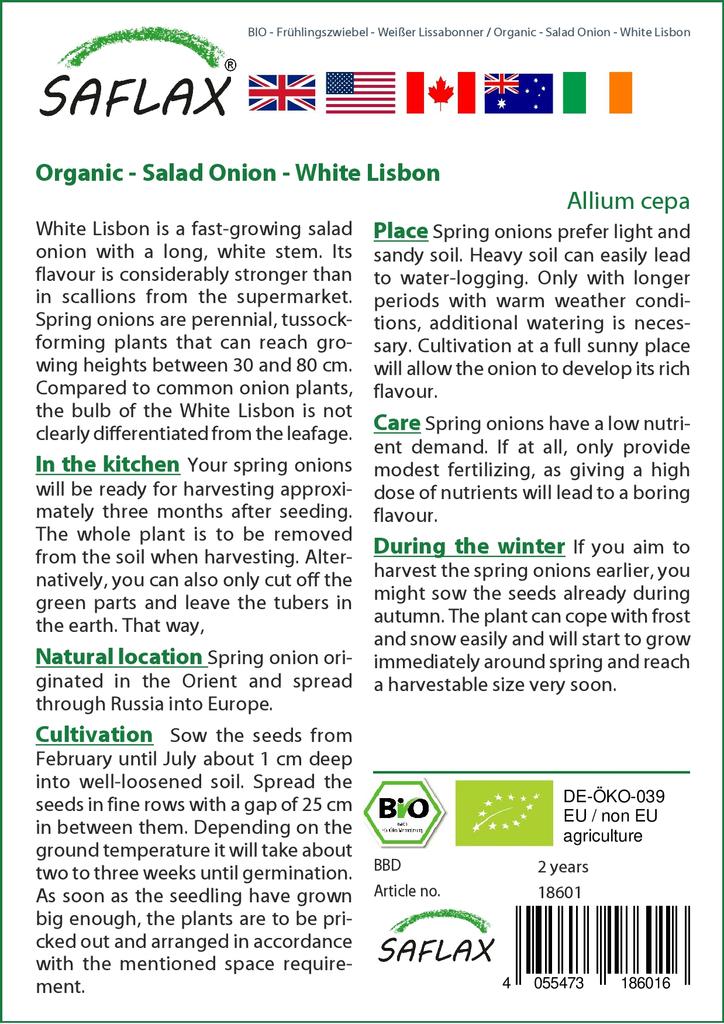 SAFLAX Garden in the Bag - Органический - Салатный лук - Белый Лиссабон - 150 семян - С субстратом в подходящем стоячем пакете - Allium cepa