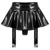 Womens Wet Look Patent Leather Ruffle Skirt Built-in Thongs Garter Belts Metal Clips Miniskirt Party Clubwear