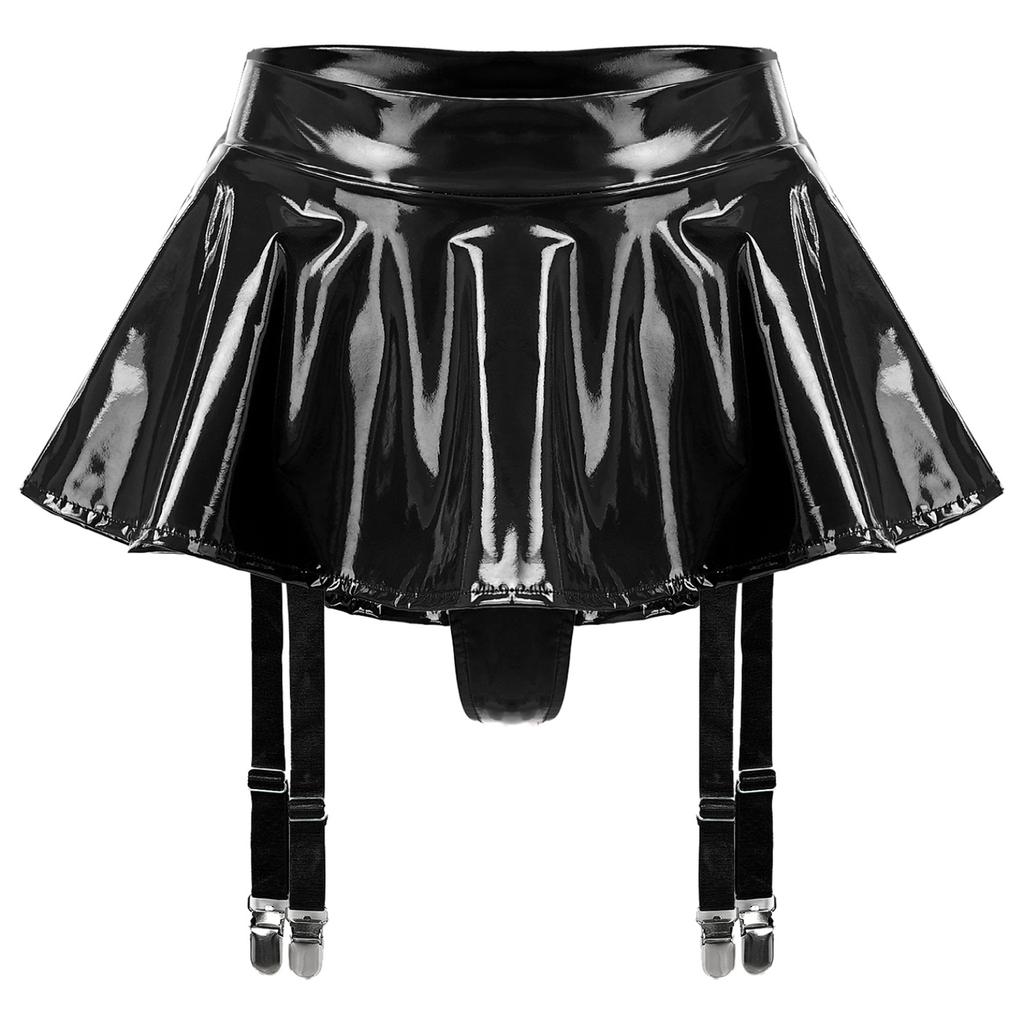 Womens Wet Look Patent Leather Ruffle Skirt Built-in Thongs Garter Belts Metal Clips Miniskirt Party Clubwear