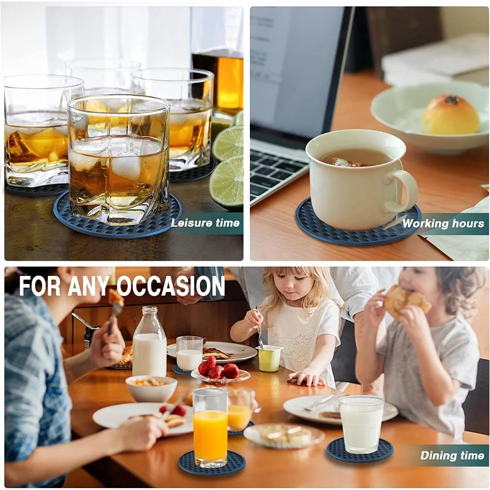 Silicone drink coasters with metal holder, 6-piece drink coasters - absorb moisture and prevent table damage, black silicone coasters