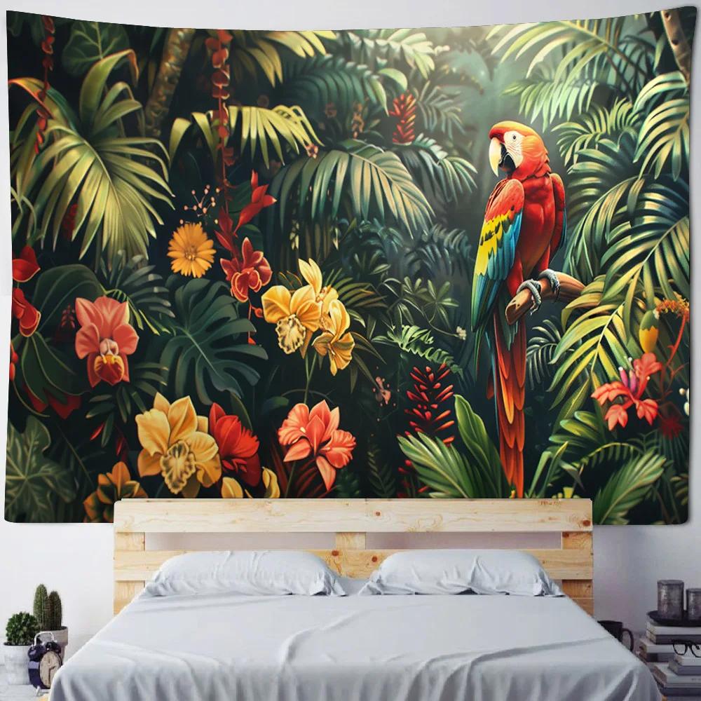 Bohemian Hippie Tropical Plant Psychedelic Flower & Bird Oil Painting Tapestry Table Mat Home Decoration Fabric Mural