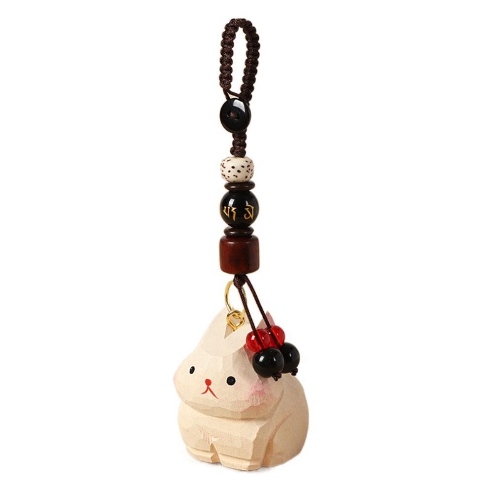 Weave Rope Wooden Carved Rabbit Keychain Beads Car Keyring Cute Wood Rabbit Dolls Pendant  Students