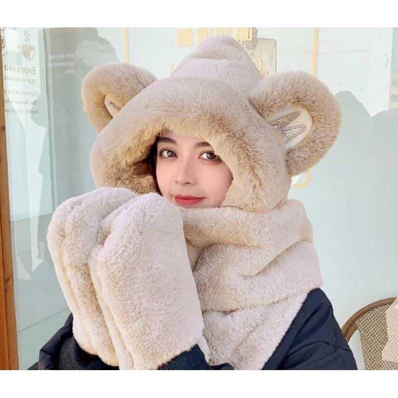 Зимний плюшевый комплект из трех предметов «Уши Микки»: Шапка, шарф и перчатки — толстые и теплые