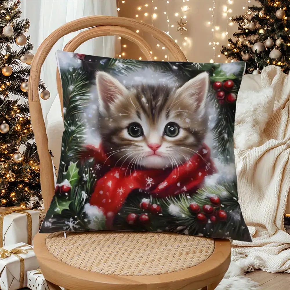1pc Cute Kitten and Snowflake Design Pillowcase, Soft and Comfortable Smooth-Touch Polyester Short Plush Fabric, Single-Sided Print, Pillow Insert Not