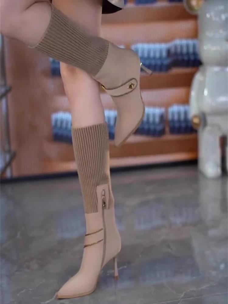 Fashion Elastic Women's Long Sock Boots High Heels Pointed Toe Elegant Heeled Ladies Knee Shaft Shoes Waterproof New Rock Sale Chic Work