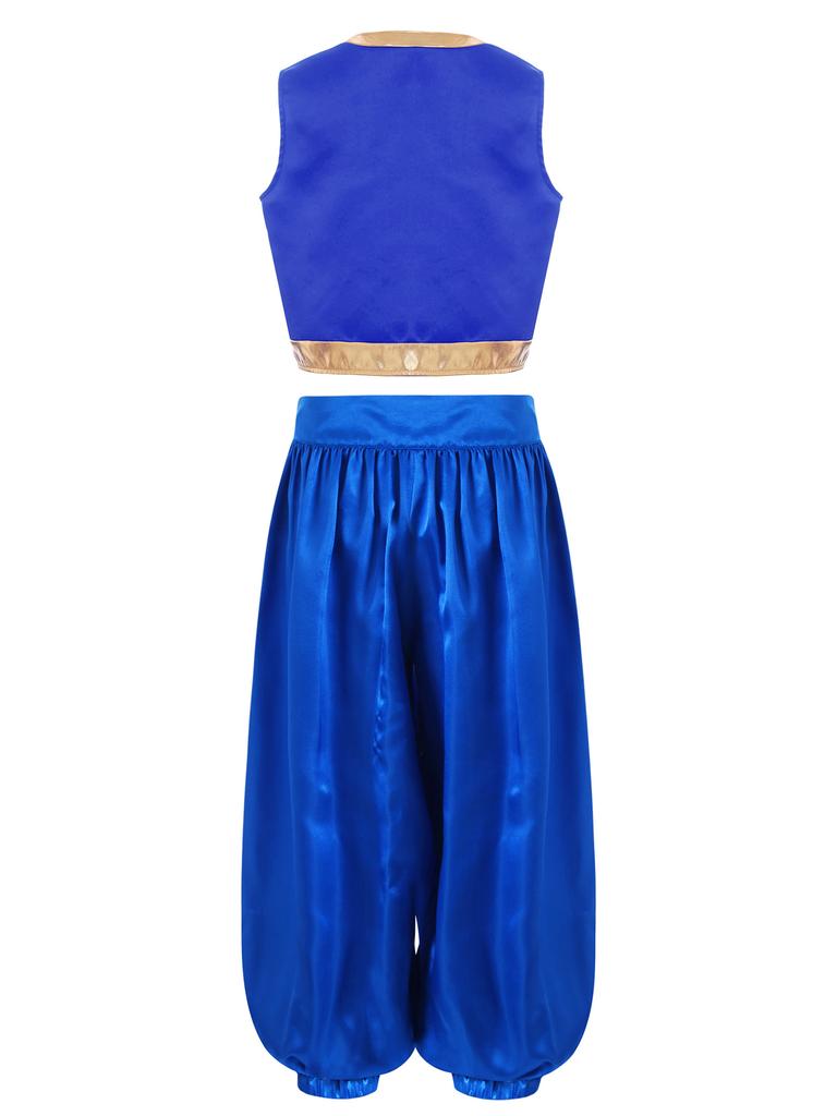 2 шт. Детский костюм для косплея на Хэллоуин, костюм игрового персонажа, арабский костюм, свободный жилет с широкими атласными шароварами, комплект, костюм для переодевания