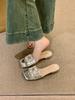 French thick heel silver temperament square buckle rhinestone one-word cool slippers women's shoes wear 2025 summer vacation sandals