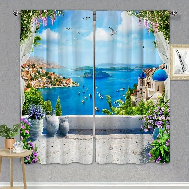 Blackout Sea Beach Curtains Window Palm Trees Drapes In Living Room Nature Seaside Scenery Print Curtain For Bedroom Decoration