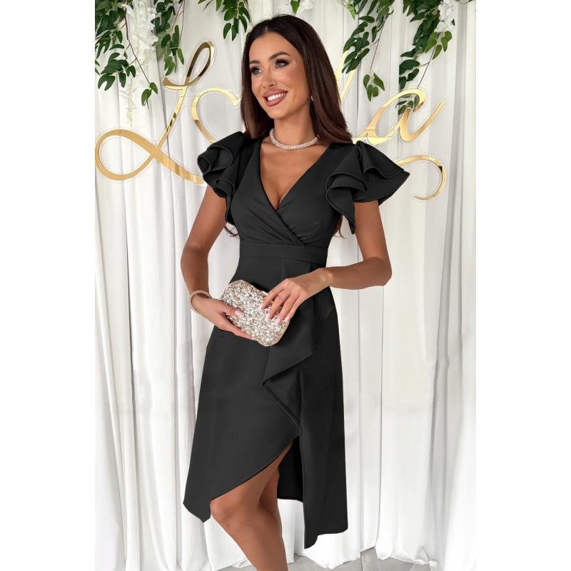 YYFS Женские модные летние весенние однотонные повседневные платья с v-образным вырезом и короткими рукавами и высокой талией