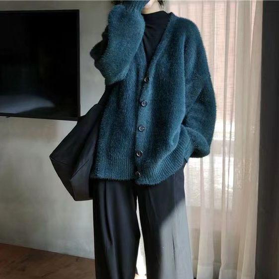 Autumn Women's Fashion Lantern Sleeve Imitation Mink Velvet Loose Sweater Casual Knitted Cardigan Jacket