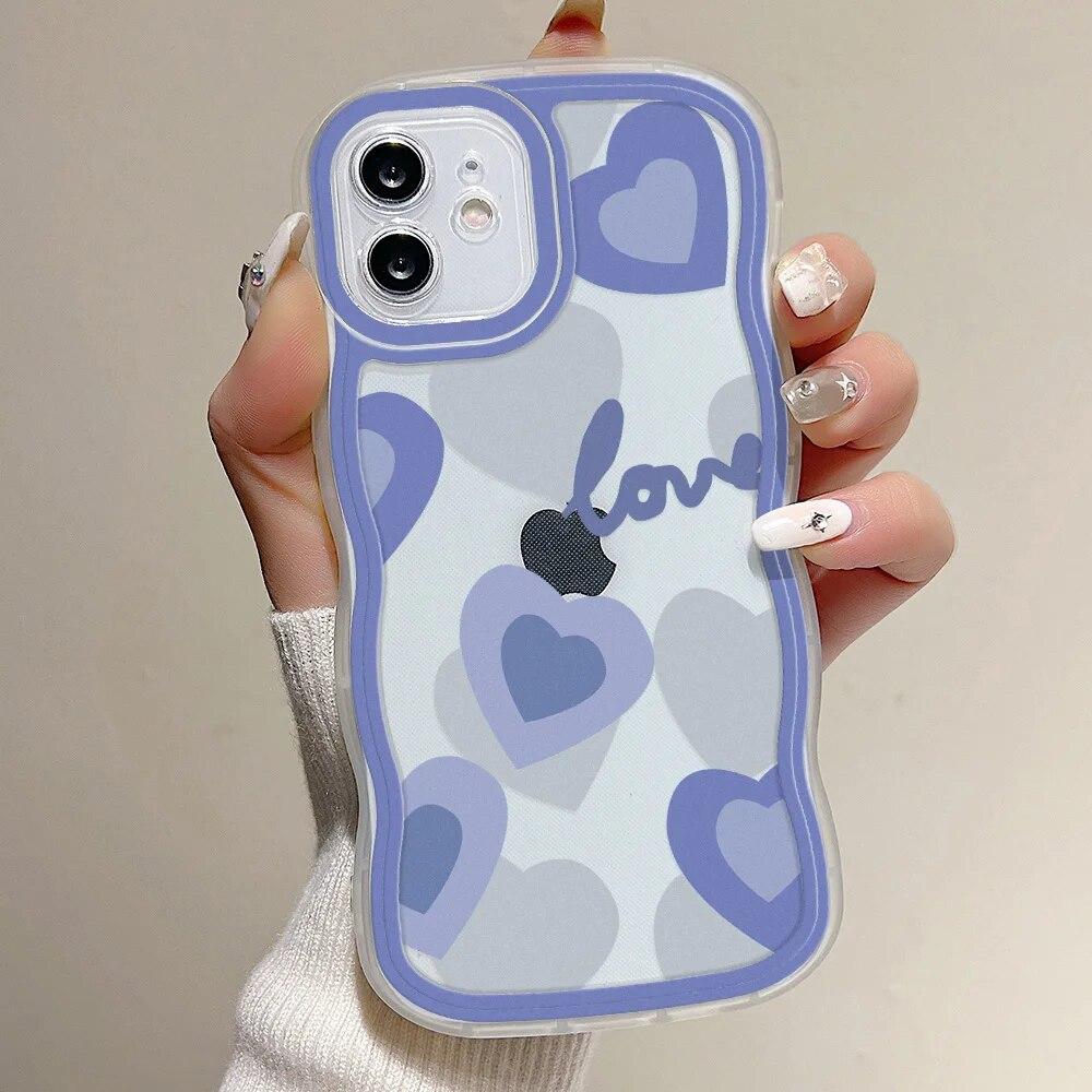 Love Heart Wavy Phone Case For iPhone 15 14 13 11 12 Pro Max 7 8 14 15 Plus X XR XS Max SE 2020 Shockproof Soft Clear Back Cover
