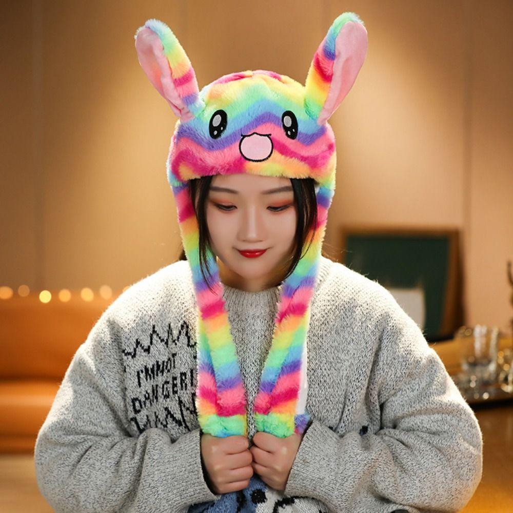 Animal Shape Ear Moving Hat Panda Tiger Monkey Plush Hat Toys Funny Jumping Up Cap  Kids Adults