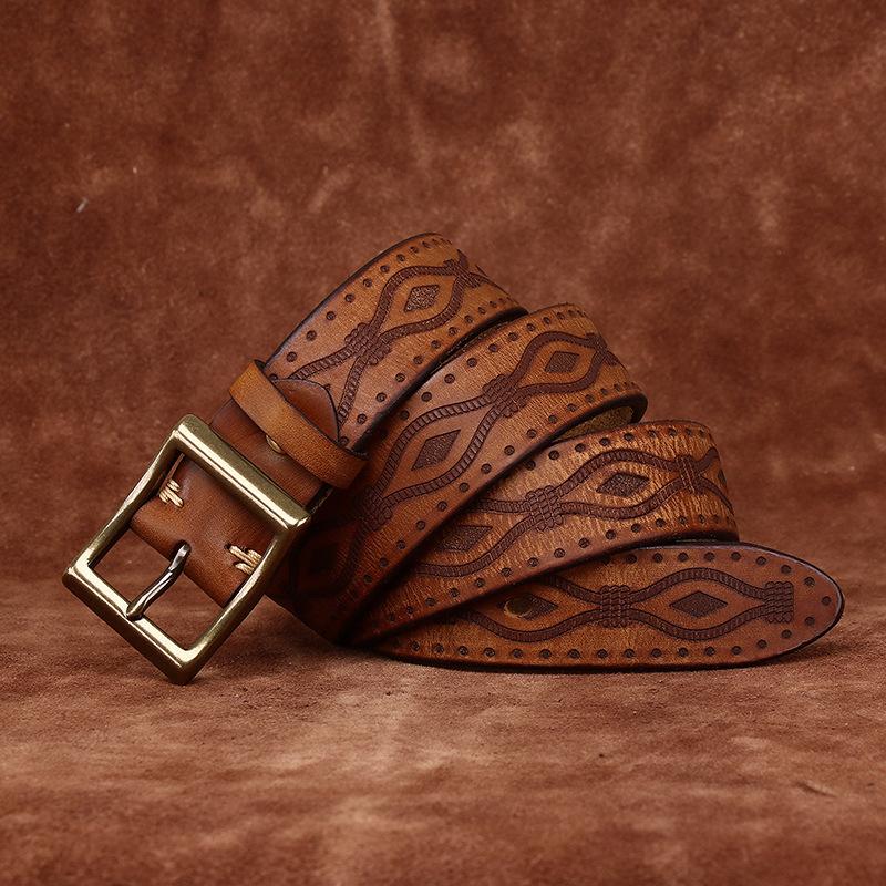 Ретро Персональность Тренд Тисненый Утолщенный Первый Слой Коровья Кожа Ремень Мужской Натуральная Кожа Медная Пряжка Повседневный Джинсовый Ремень Мужской