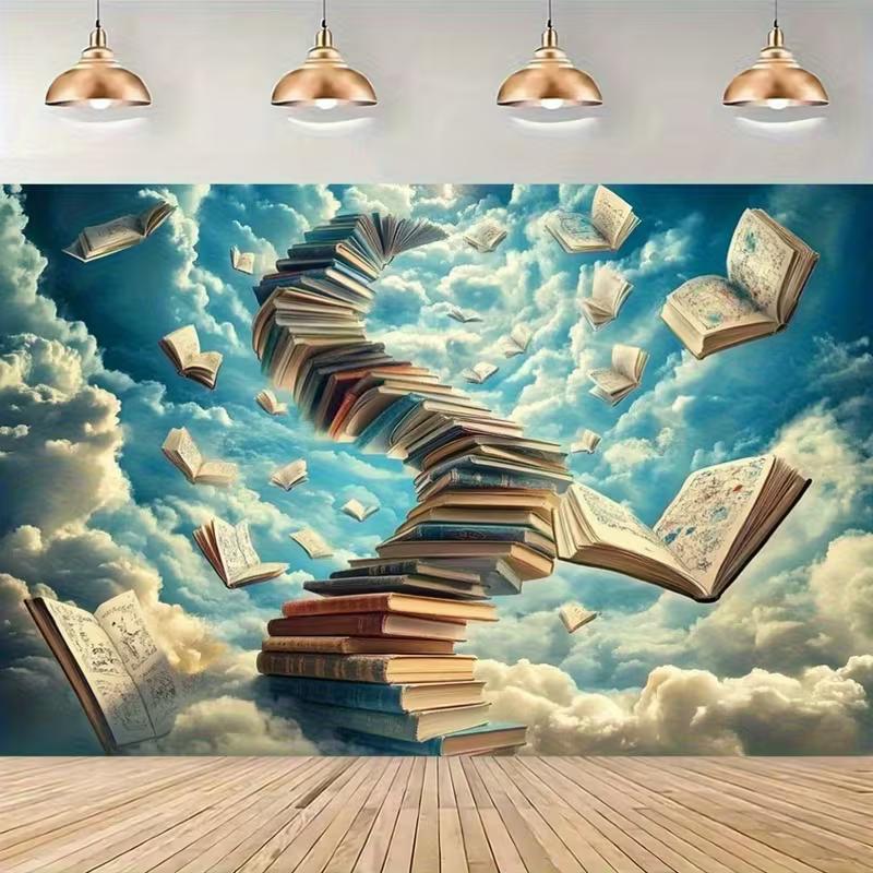 Зачарованный фон библиотеки, Книги, парящие в небе