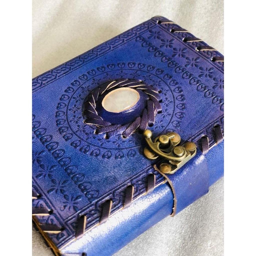 Leather Genuine Leather Journal with Semi Precious Stone - Lock Closure, Pages Antique Deckle Edge Paper 7 X 5 In