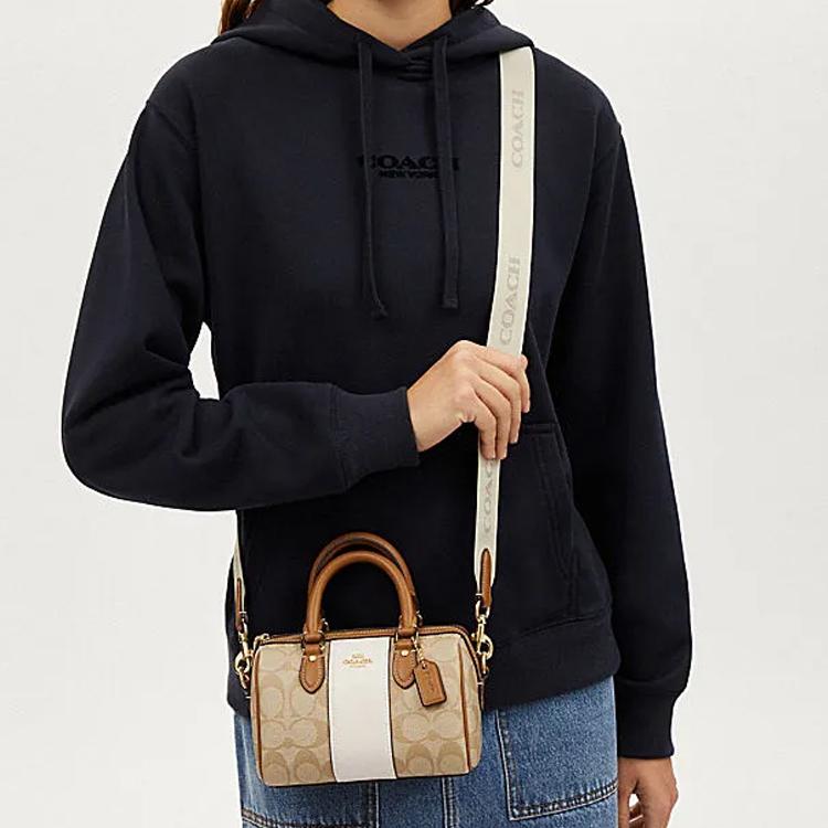 Coach Rowan 18 Signature Stripe Canvas And Leather Tote Shoulder Crossbody Bag Small Women bags Light-Khaki Pink-White CR243-IMWQJ