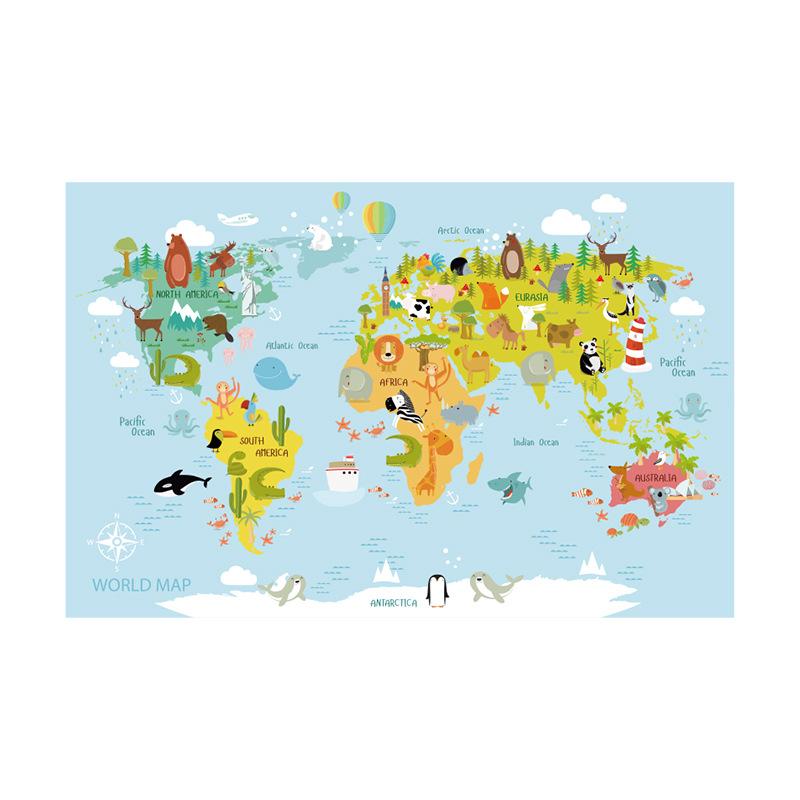 Cartoon Animal World Map Wall Sticker Self Adhesive Kids Room Bedroom Background Kindergarten Classroom Decor